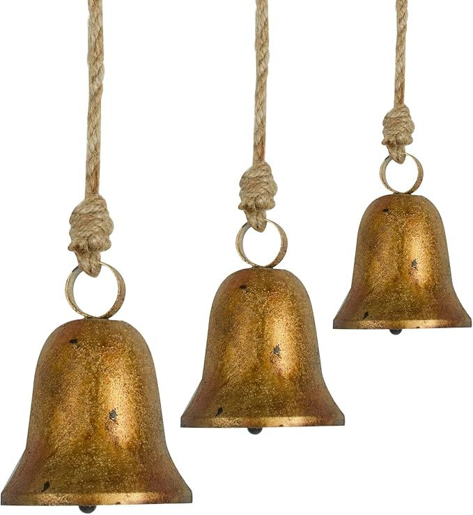 3 Pcs Handmade Rustic Christmas Bells, Vintage Iron Bells with Jute Rope for Hanging, 3 Sizes Ant... | Amazon (US)