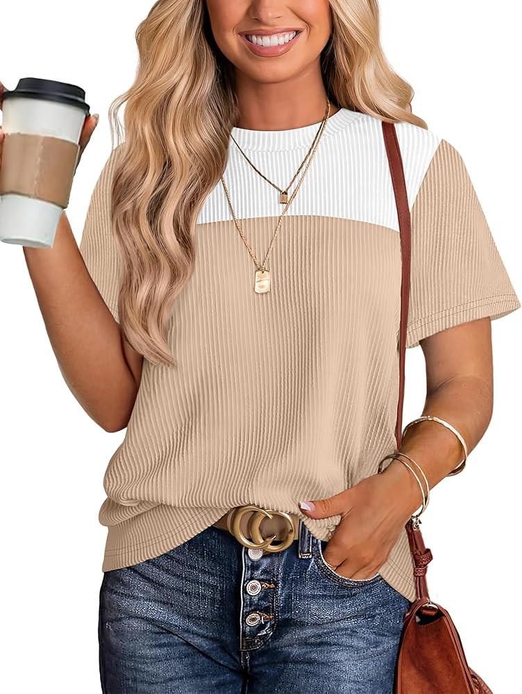 WIHOLL Womens Fashion 2026 Color Block Shirts Short Sleeve Crewneck Knitted Spring Summer Tops Ca... | Amazon (US)