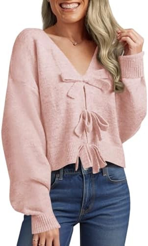 Saodimallsu Womens Bow Sweater Cropped V Neck Long Sleeve Fall Cozy Knit Loose Trendy Pullover Sw... | Amazon (US)