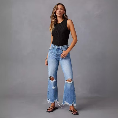 Women's High - Waisted Distressed Wide - Leg Jeans with Fringe & Ripped Details, Casual Straight - Leg Denim Trousers Blue M | Target