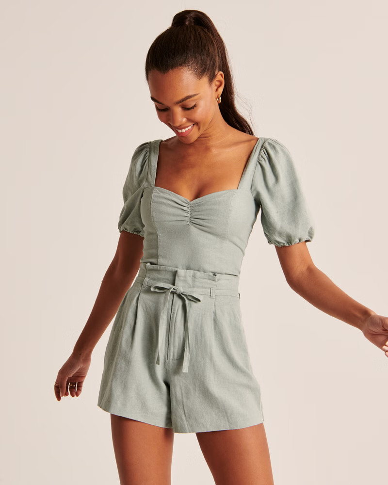 Short-Sleeve Cinched Linen-Blend Top | Abercrombie & Fitch (US)