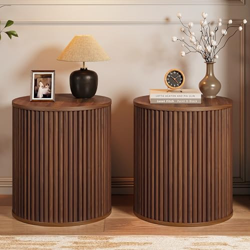 AVZEAR Small Round Side Table Fluted Night Stand Set of 2, Mid Century Modern End Table with Storage, Circle Bedside Tables Wood Nightstands for Small Spaces, Living Room, Bedroom (Walnut) | Amazon (US)