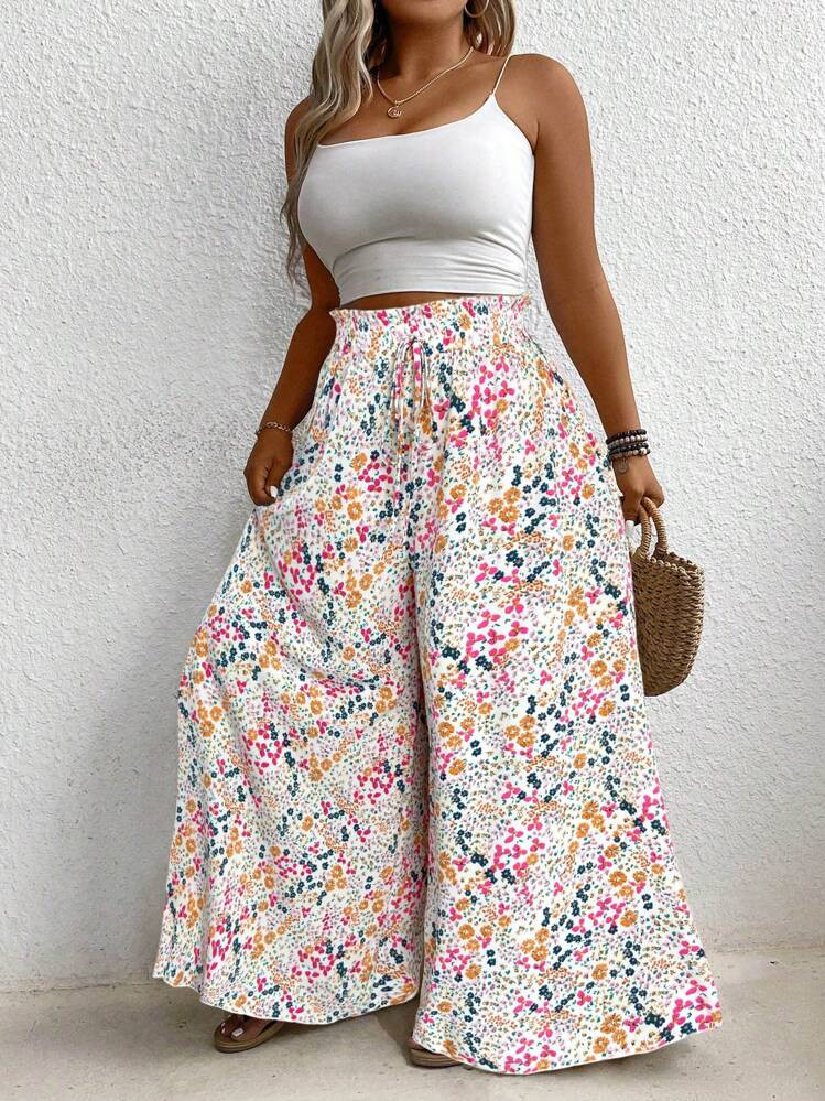 Plus Size Casual Ditsy Floral Printed Wide Leg Pants Fall Cloth For Women | SHEIN