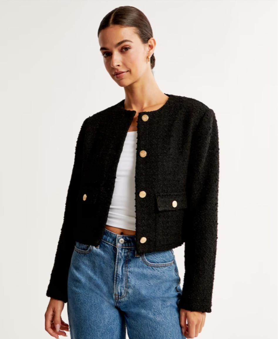 On-trend collarless jacket in a soft tweed fabric, with gold button-up front, front pockets with button closure and curved hem Imported.


#LTKBacktoSchool #LTKworkwear #LTKover40