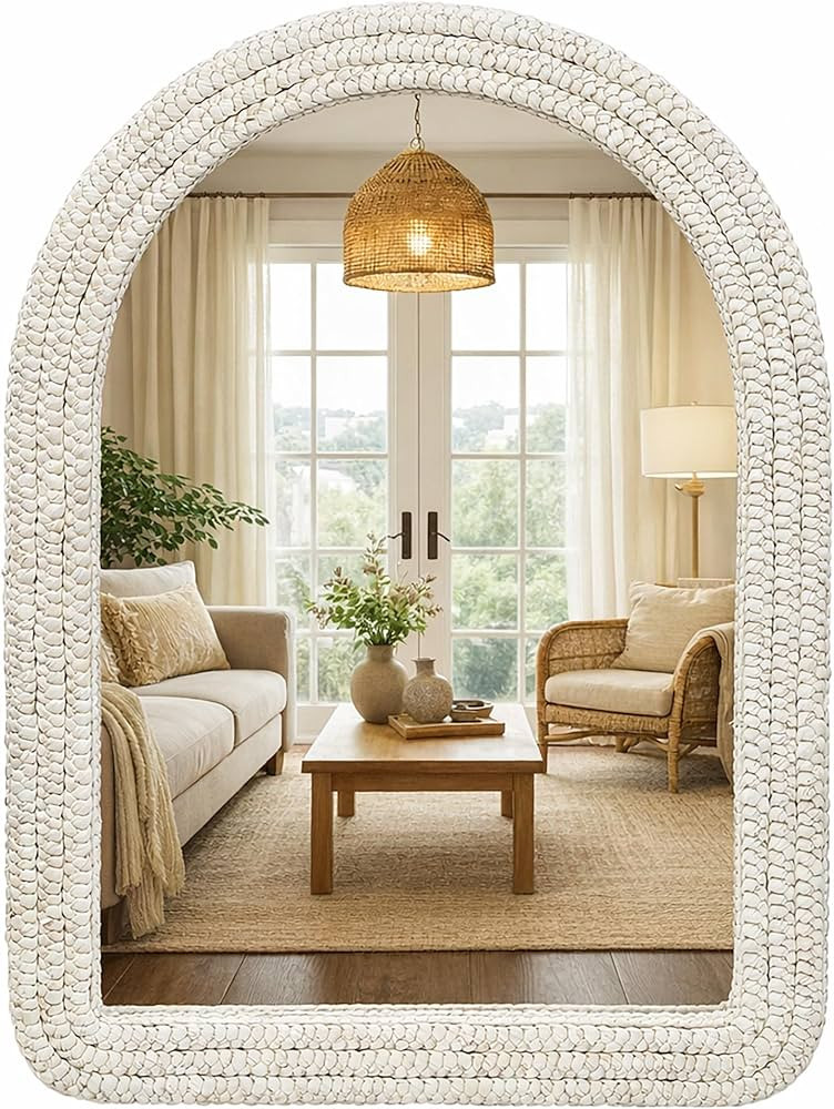 30" x 40" Arched Wall Mirror, Handwoven Natural Corn Husk Fiber with Light Whitewashed Finish, Wa... | Amazon (US)