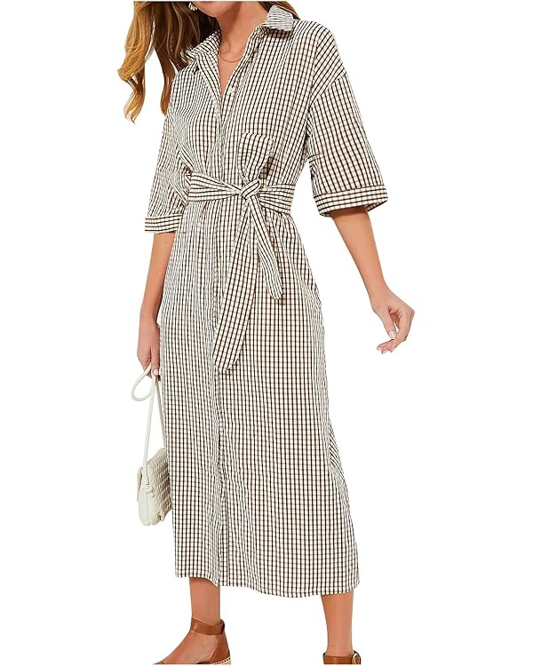 Women's Half Sleeve Plaid Maxi Dress Collar V Neck Belted Dress Casul Button Down Long Loose Dres... | Amazon (US)