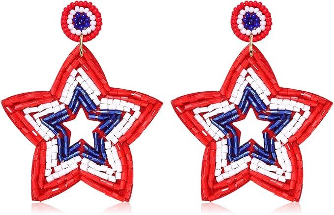 American Flag Earrings Red Blue White Lips Star Beaded Dangle Earrings 4th of July Patriotic Drop... | Amazon (US)