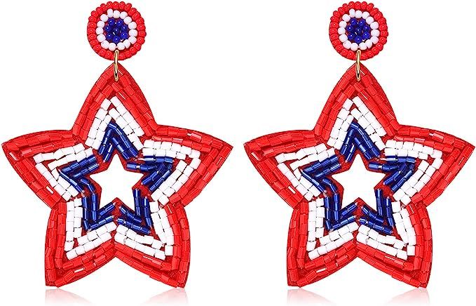 American Flag Earrings Red Blue White Lips Star Beaded Dangle Earrings 4th of July Patriotic Drop... | Amazon (US)