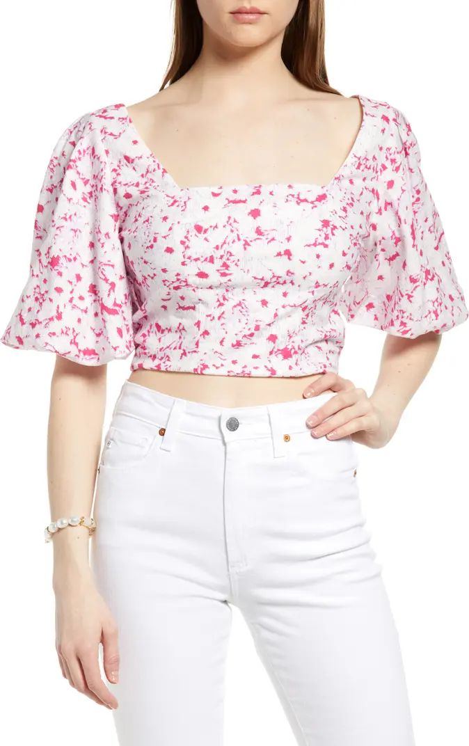 Open Edit Puff Sleeve Linen Blend Crop Top | Nordstrom | Nordstrom