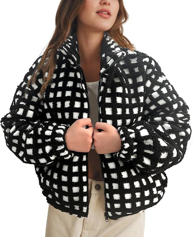 Womens Checkered Sherpa Jacket Cropped Long Sleeve Plaid Fleece Coats Casual Zip Up Gingham Outwe... | Amazon (US)