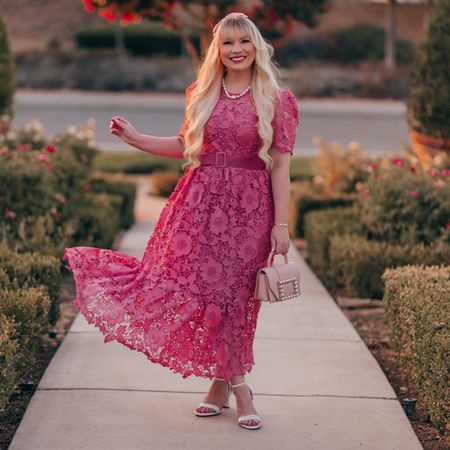 Pink outfit - pink lace Chicwish dress with Sarah Flint block heels  and pink Kate spade bag. All TTS. Great wedding guest outfit! 

#LTKwedding #LTKstyletip #LTKunder100
