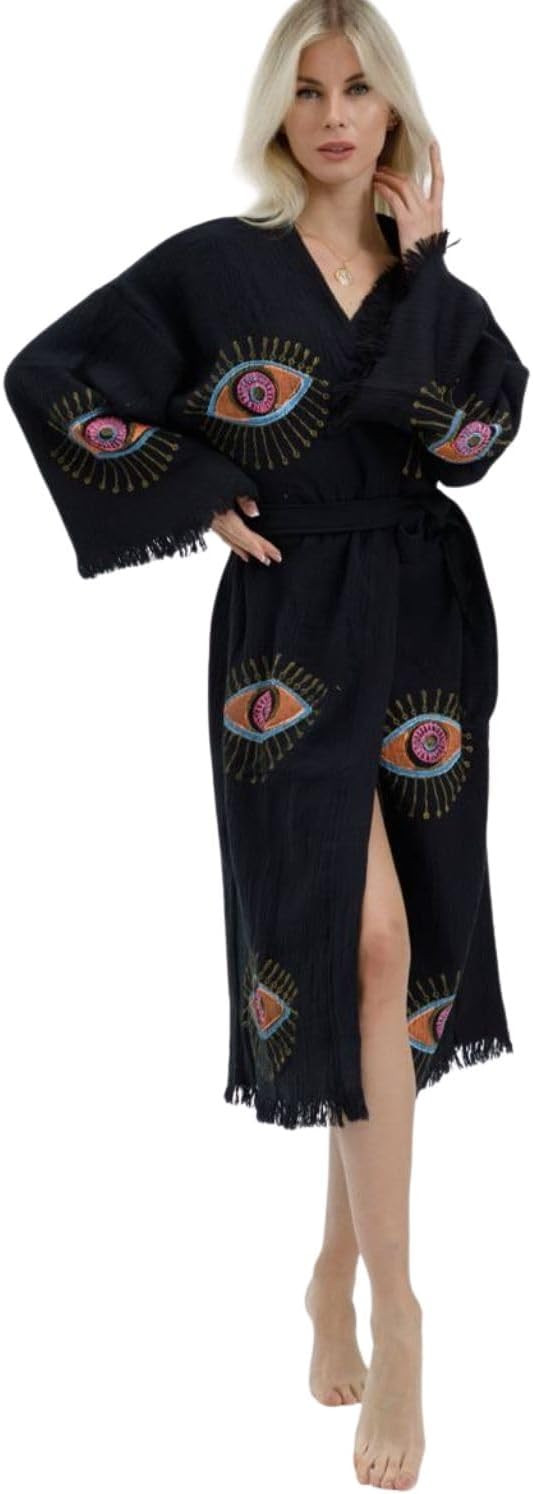 100% Turkish Cotton Evil Eye Kimono Robe – Hand Printed Caftan Beach Cover Up – Boho Festival... | Amazon (US)