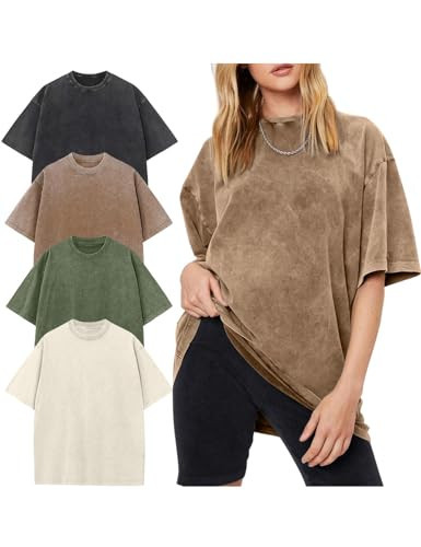 Yimoon Women's 4 Pack Oversized T-Shirts Acid Wash Boyfriend Cotton Teen Shirt Loose Fit Vintage Unisex Streetwear Tops(BlackArmyKhakiBeige-L) | Amazon (US)
