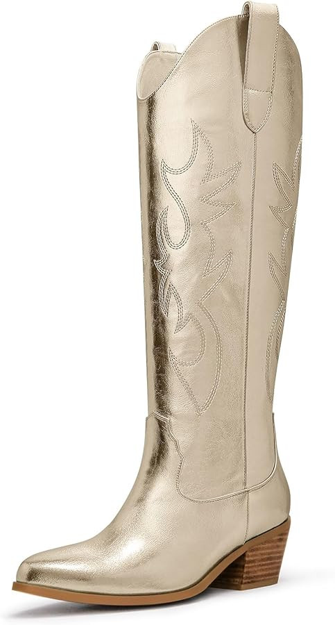 Ouepiano Cowboy Boots for Women Knee High Wide Calf Cowgirl Boots Embroidered Chunky Heels Pointe... | Amazon (US)
