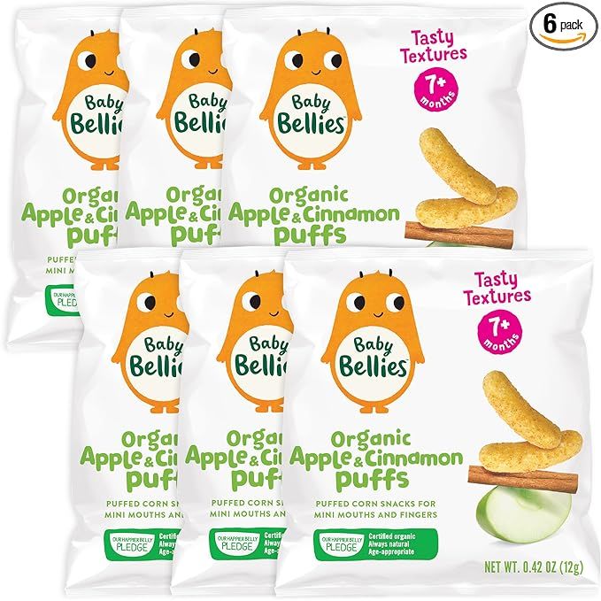 Little Bellies Organic Puffs Baby Snack, Apple & Cinnamon, Pack of 6 Individual Snack Packs, 0.42... | Amazon (US)