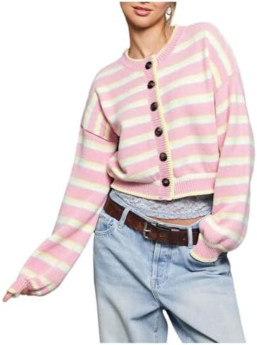 Milumia Women's Striped Button Cardigan Sweater Knit Long Sleeve Going Out Crop Cardigans | Amazon (US)