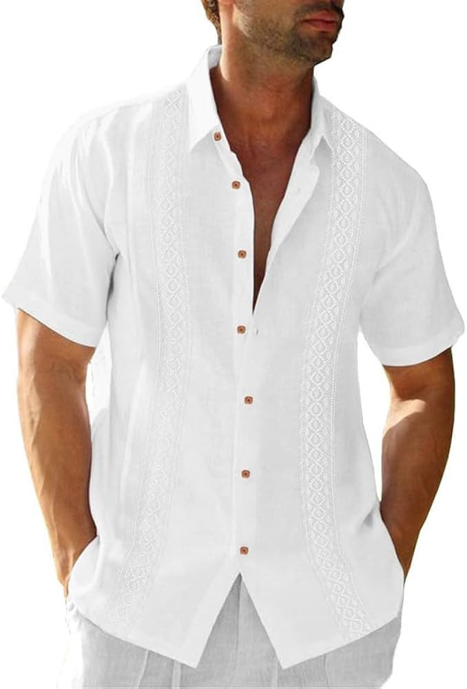 JMIERR Mens Cotton Linen Guayabera Shirts Casual Button Up Short Sleeve Summer Beach Shirt | Amazon (US)