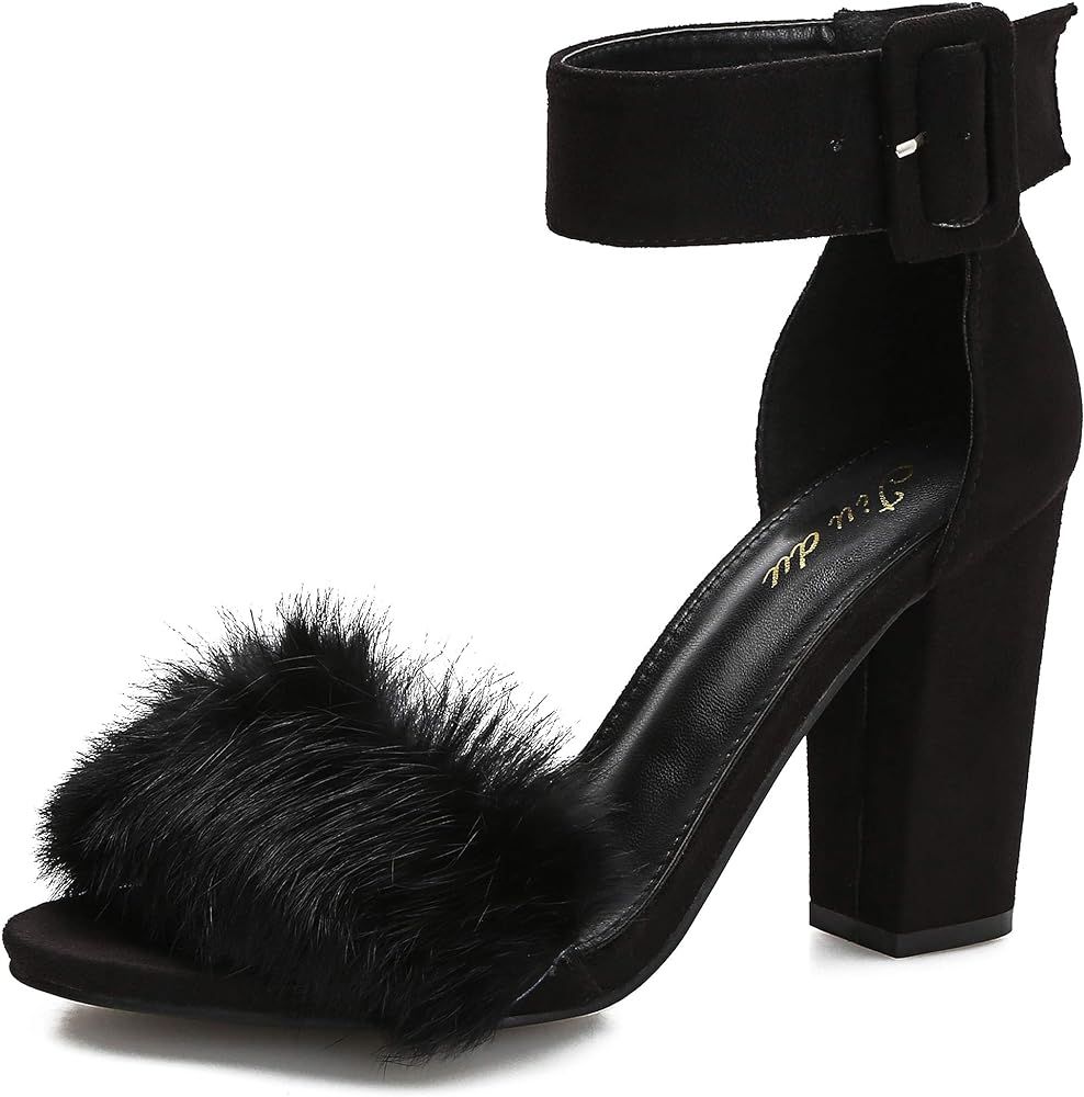 Women's Chunky Block Heel Faux Fur Sandals Open Toe Dress Ankle Strap High Heeled Pumps | Amazon (US)
