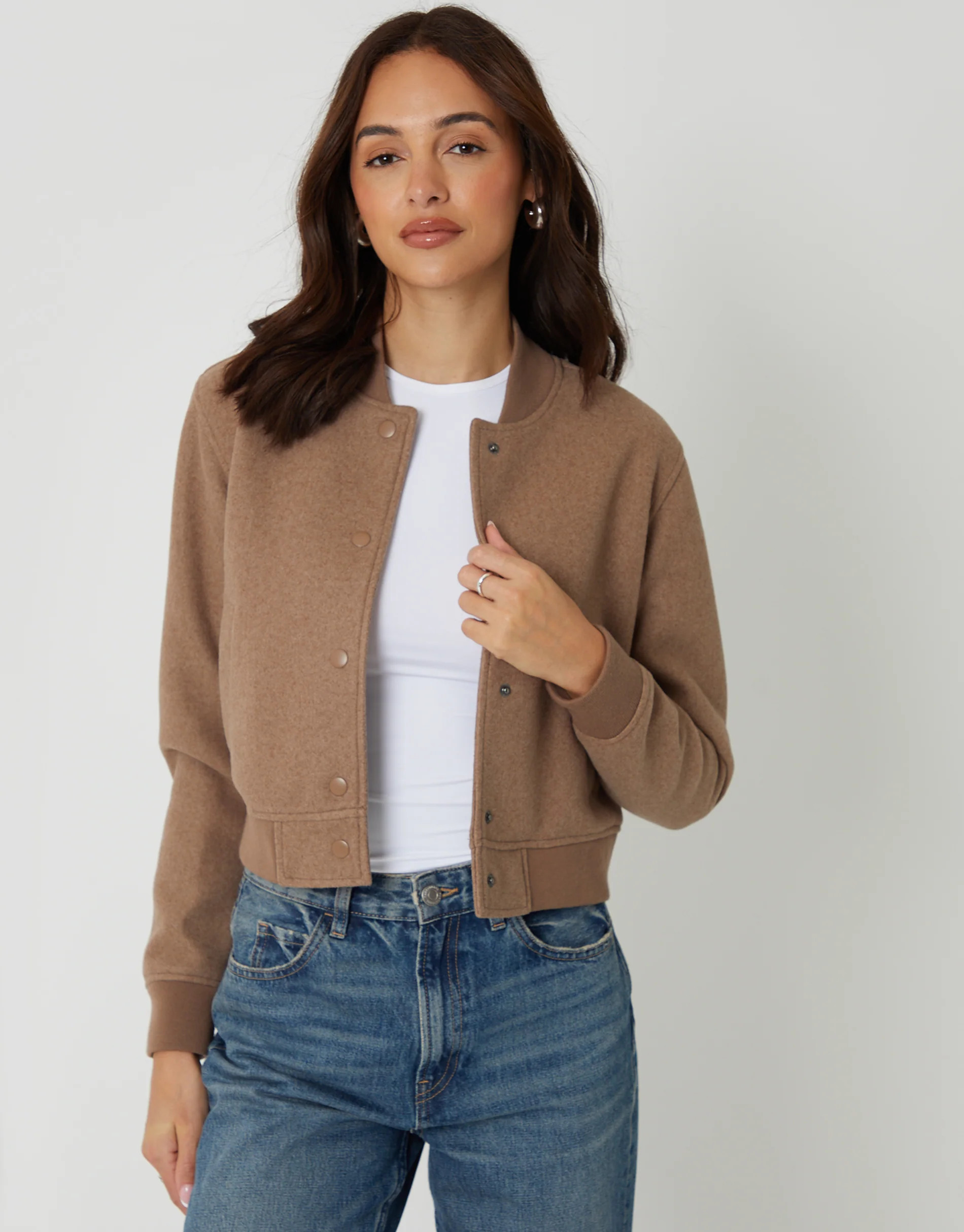 Mocha Brown Faux Wool Bomber Jacket | Threadbare