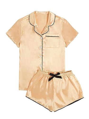 WDIRARA Women's Sleepwear Satin Short Sleeve Shirt and Shorts Pajama Set | Amazon (US)