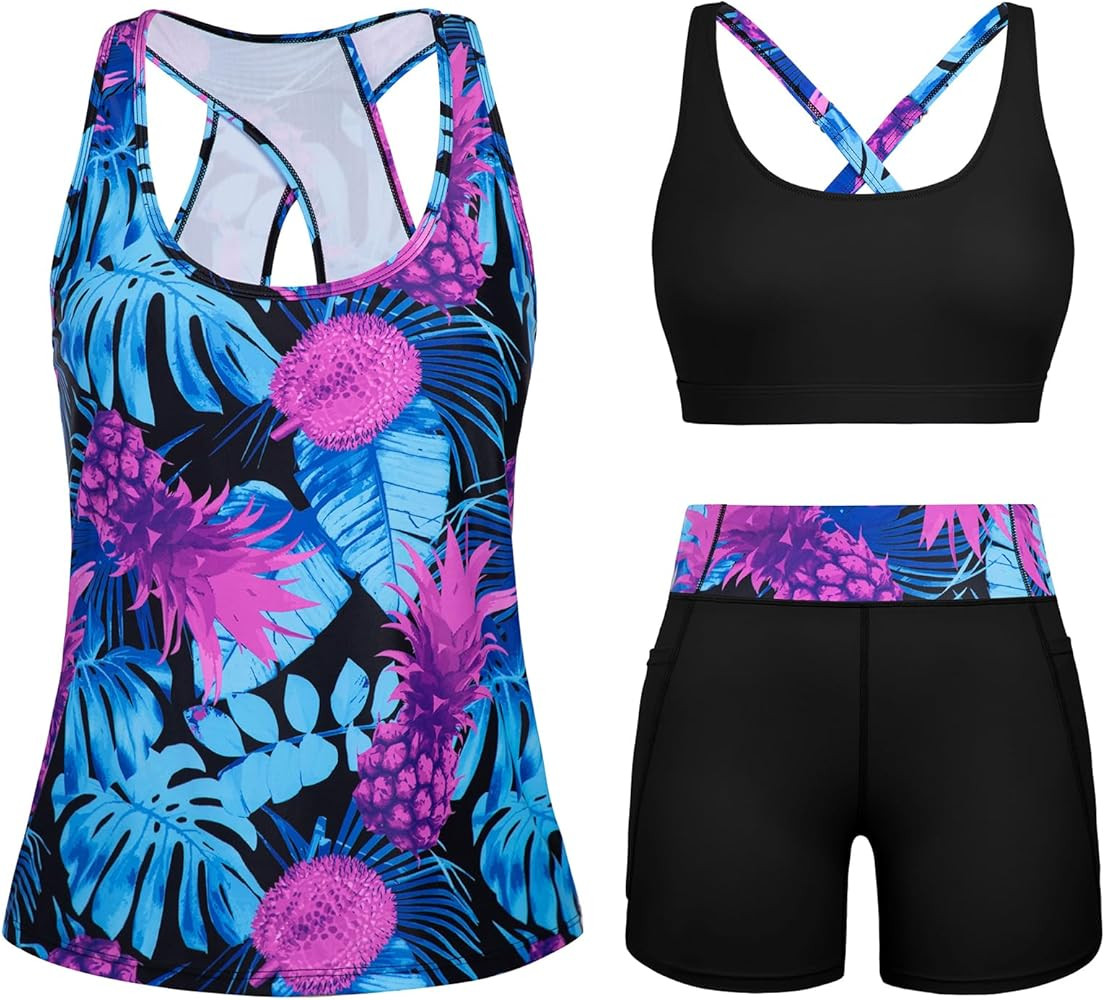 HUSKARY 3 Piece Tankini Swimsuits for Women Swim Tank Top with Bra and High Waist Boy Shorts with... | Amazon (CA)