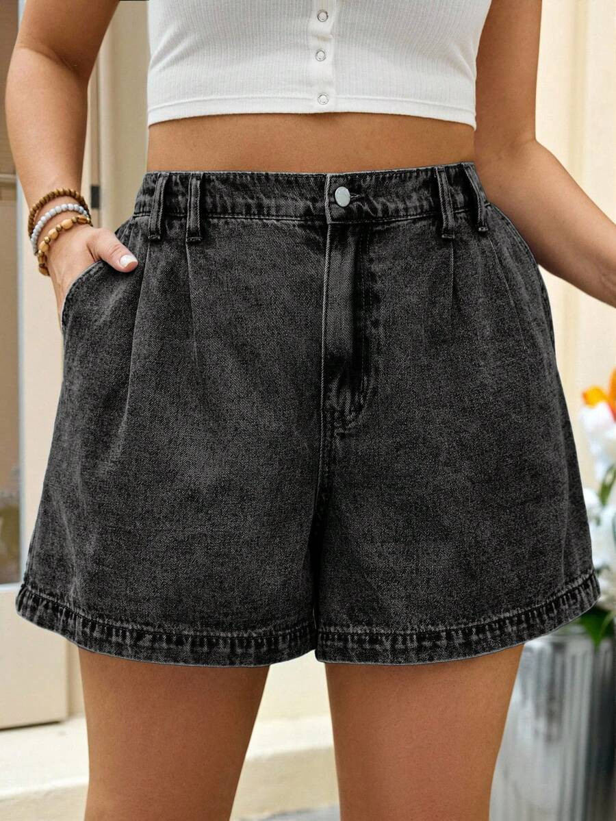 SHEIN Tall CURVE Plus Size Summer Casual Folded Waist Slant Pocket Denim Shorts | SHEIN