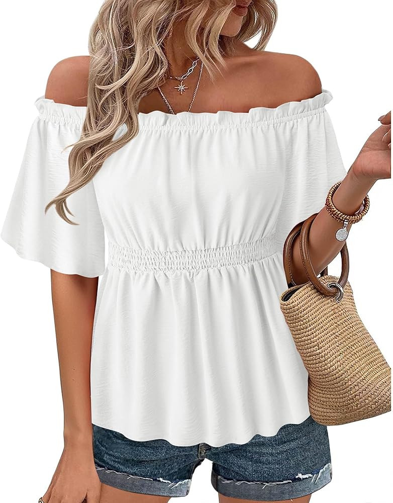 Bebonnie Women's Summer Sexy Off The Shoulder Peplum Tops Ruffle Sleeve Dressy Blouses | Amazon (US)