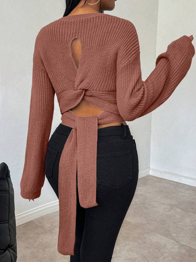 SHEIN Relaxiva Women's Solid Color Round Neck Long Sleeve Twist Knot Casual Sweater | SHEIN