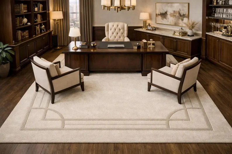 Luxury Hand Tufted Wool Rug \u2013 Neutral Beige Geometric Border Carpet, Modern Minimalist Livin... | Etsy (Global)