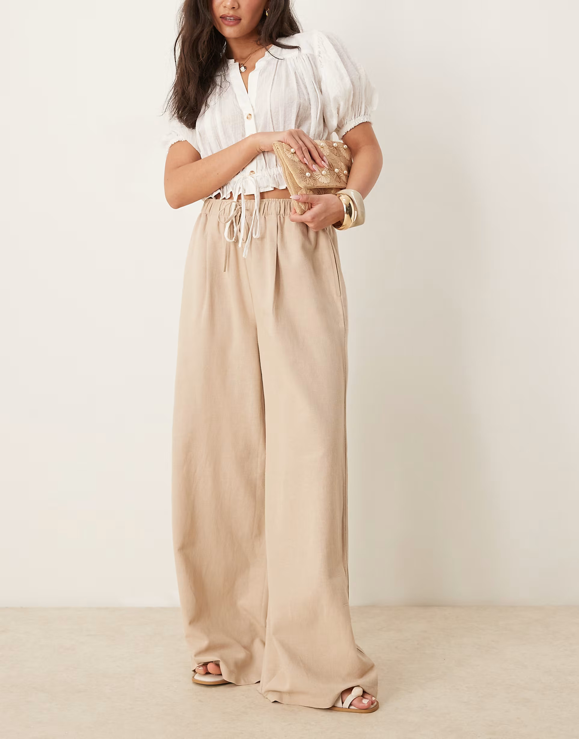 Stradivarius STR linen look trouser with drawstring in stone | ASOS | ASOS (Global)