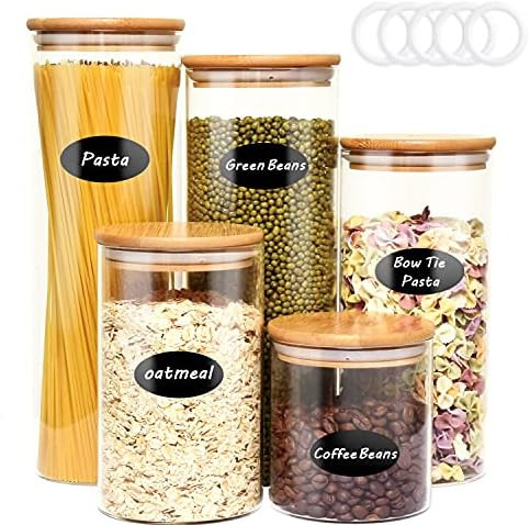 Pomeat Glass Food Storage Jar Set, 5 Pieces Airtight Kitchen Canister with Bamboo Lids, Labels an... | Amazon (US)