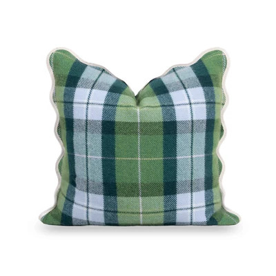 Rosela Pastel Tartan, Merino Wool Scalloped Plaid Pillow Cover, Sage Green Blue, 20"x20" | Hofdeco