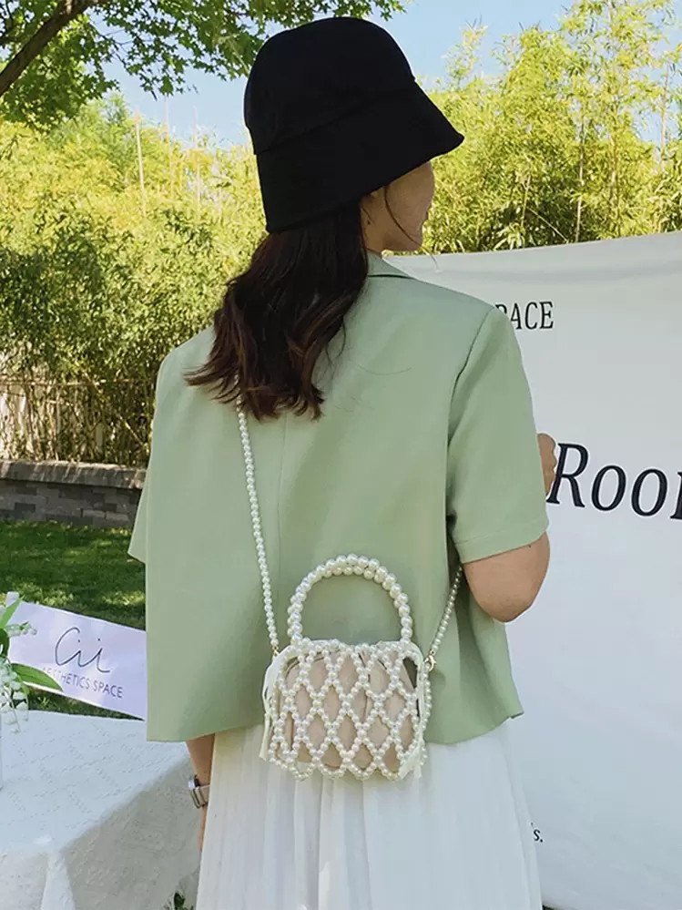 Vintage French Style Woven Beaded Bucket Tote Bag, Hollow Pearl Design Summer Handbag | SHEIN