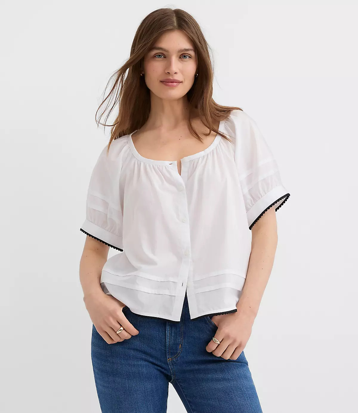 Scalloped Pintucked Puff Sleeve Blouse | LOFT
