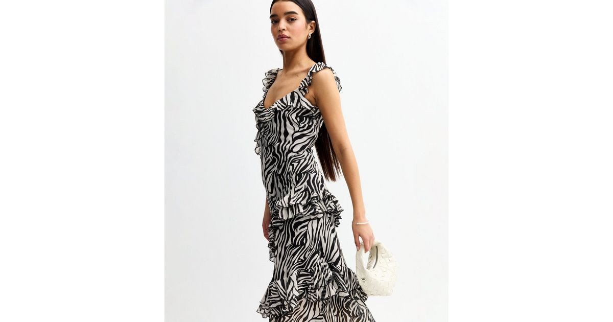 Black Zebra Print Ruffle Trimmed Maxi Dress | New Look | New Look (UK)