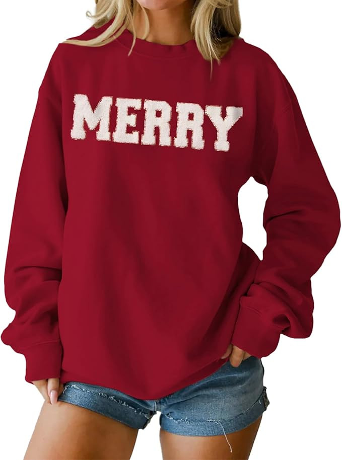 IZYJOY Christmas Women's Merry Graphic Sweatshirt Chenille Patch Letter Printed Crewneck Xmas Gif... | Amazon (US)