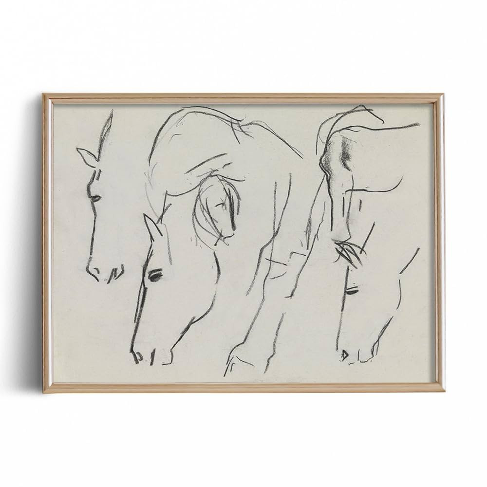 Horse Drawing Etching Rustic Gray Picture - Beige Pony Equestrian Equine Print Poster - Vintage Farmhouse Horse Wall Art - Grey Neutral Animal Sketch - Minimalist Mid Century French Country Room Decor | Amazon (US)