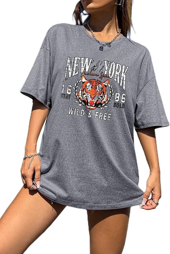 Women Oversized Graphic Print Tee Vintage Short Sleeve Round Neck Loose Casual T-Shirts Summer | Amazon (US)