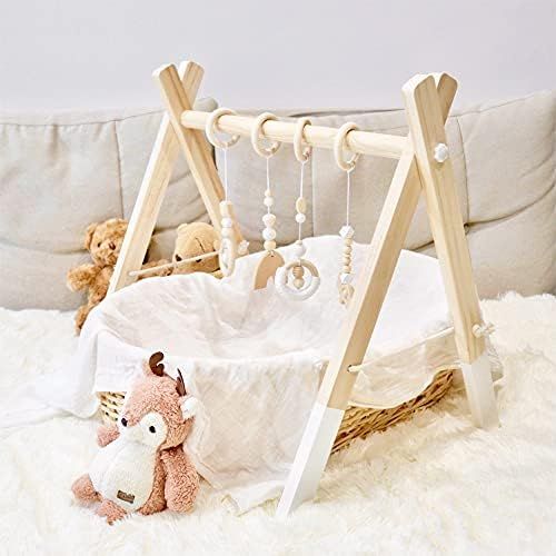 Wooden Baby Play Gym, PgUp Foldable Baby Gym with 4 Wooden Baby Hanging Toys for Play & Learn, Ba... | Amazon (US)