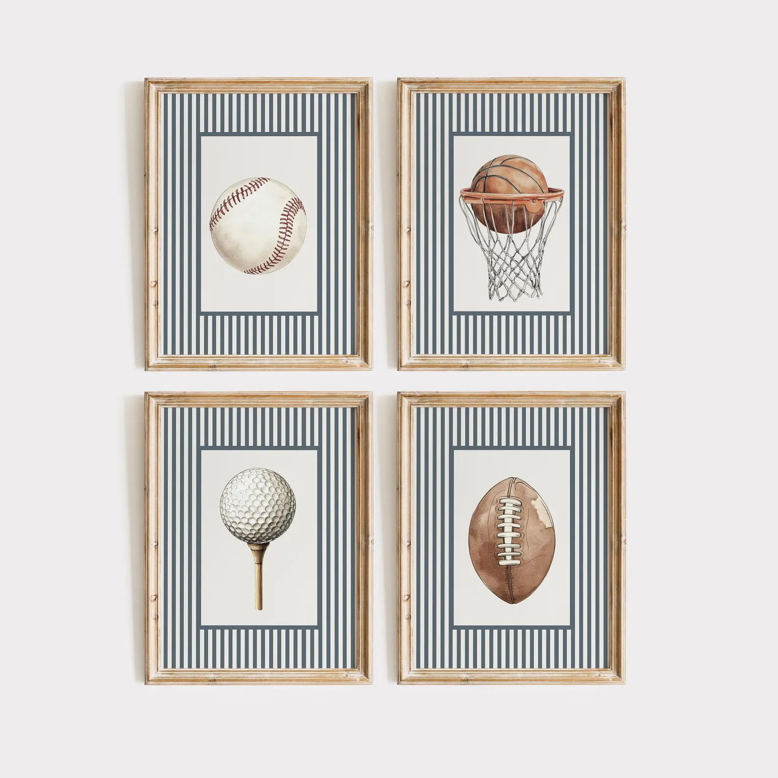 Set of Four Navy Sports Prints | Vintage Style Stripes | Baseball, Football, Golf, Basketball Dra... | Etsy (US)