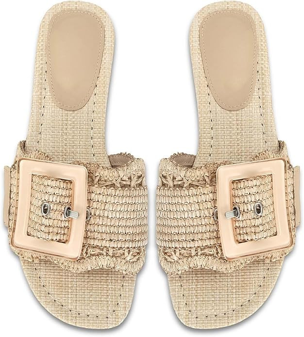 Raffia Sandals for Women Buckle Straw flats Woven Braided Rattan Slides Summer Beach Sandals Comf... | Amazon (US)