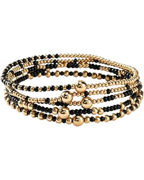 Bohemia Multilayer Resin Beaded Stackable Bracelets Set Colorful Surfer Heishi Gold Beaded Stretc... | Amazon (US)