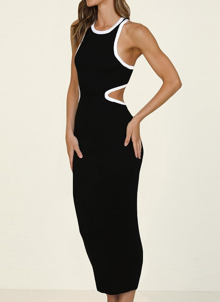 T.J ILAWU Women's Summer Sexy Cut Out Midi Dress Sleeveless Crew Neck Bodycon Hollow Cocktail Party  | Amazon (US)