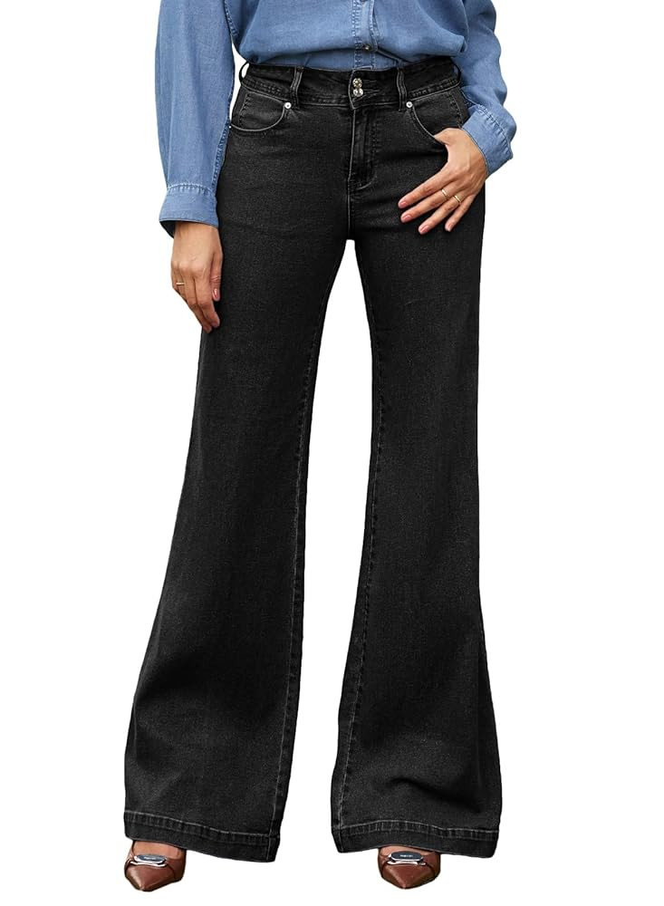 EVALESS Womens Jeans High Waisted Wide Leg Stretchy Baggy Denim Pants with Dual-Button Closure | Amazon (US)