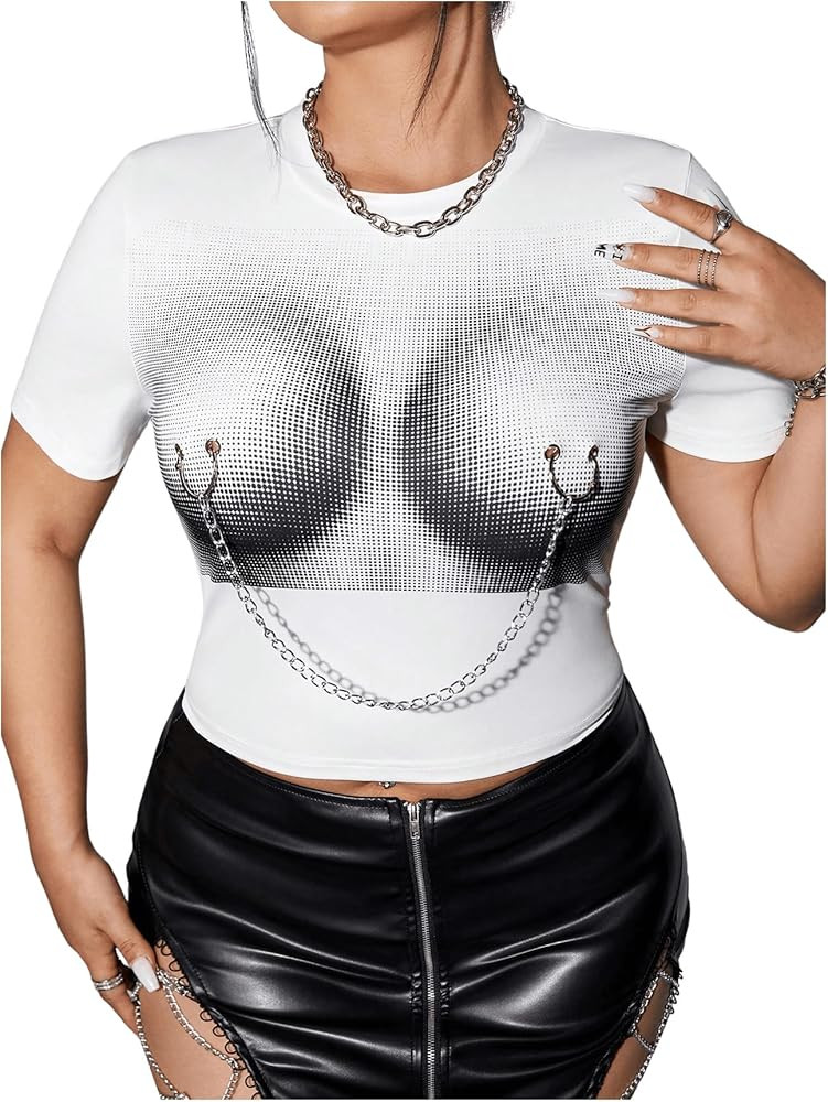 WDIRARA Women's Plus Size Round Neck Short Sleeve Crop T-Shirt Y2k Tee Top with Chain | Amazon (US)