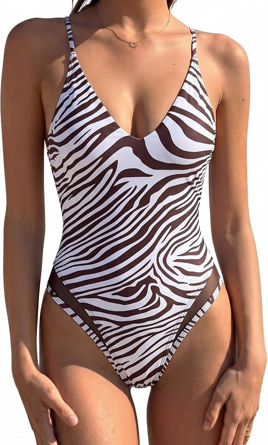 SUUKSESS Women Sexy V Neck One Piece Swimsuits High Cut Mesh Bathing Suit | Amazon (US)