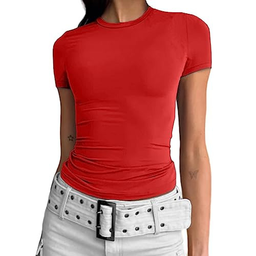 Abardsion Women's Casual Basic Going Out Crop Tops Slim Fit Short Sleeve Crew Neck Tight T Shirts 2025 (Big Red, S) | Amazon (US)