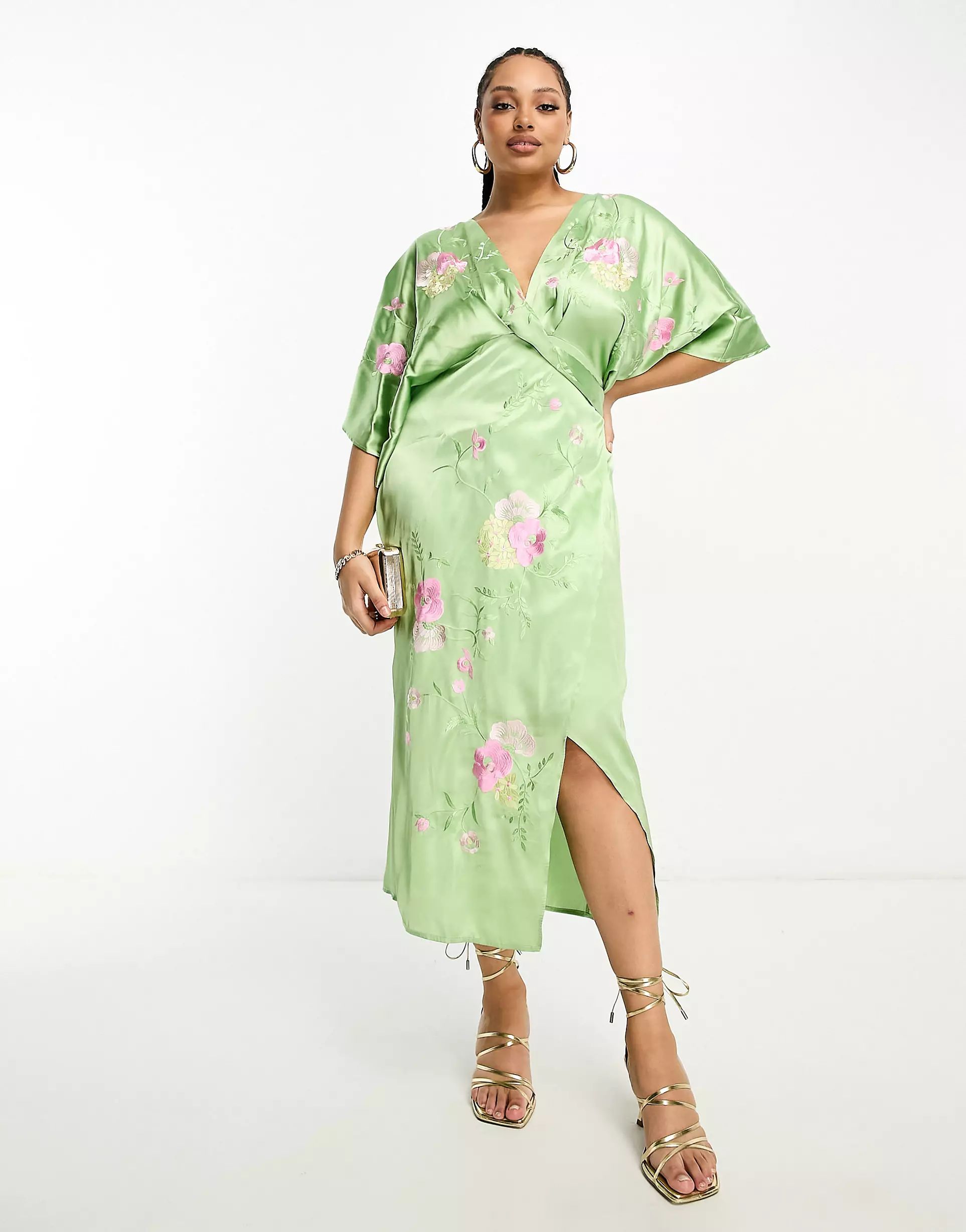 ASOS DESIGN Curve satin wrap front kimono sleeve embroidered midi dress in green | ASOS | ASOS (Global)