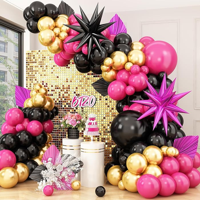 Hot Pink Black Balloon Arch Kit,Balloon Garland with Black Hot Pink Star Foil Balloons Metallic G... | Amazon (US)
