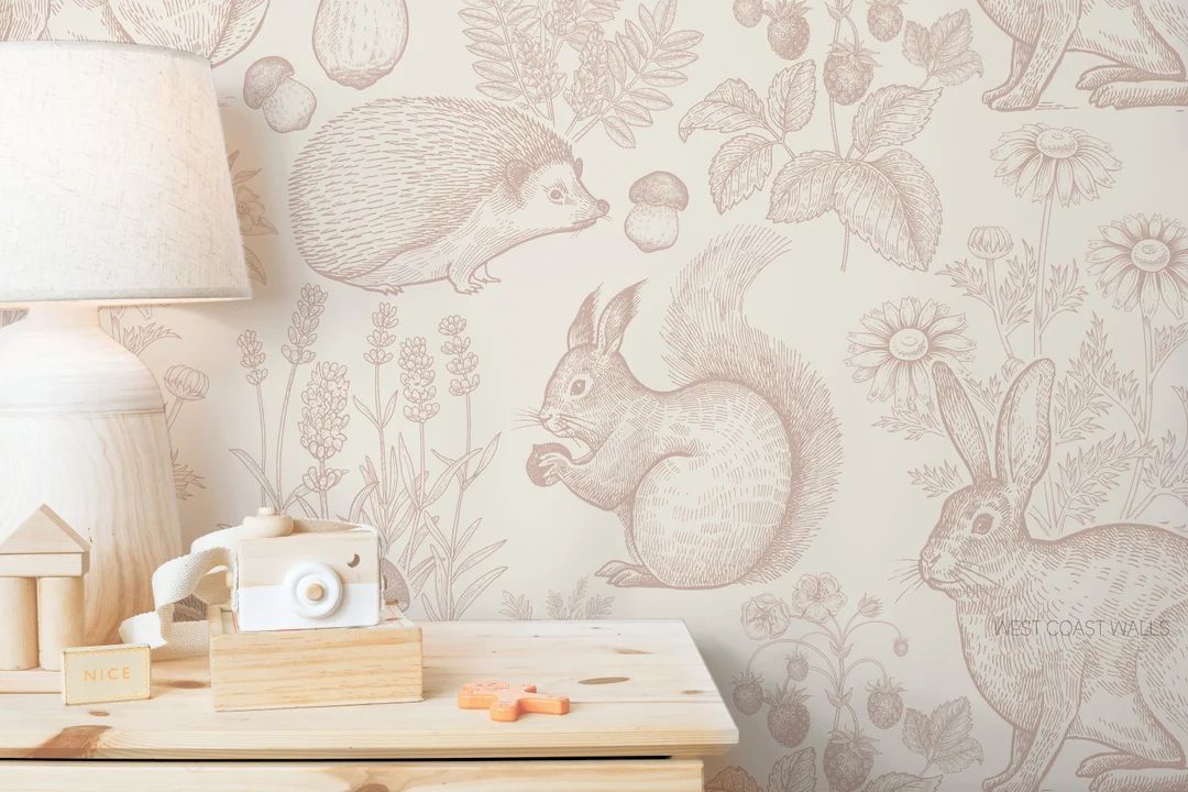 Whimsical Woodland Animals Wallpaper / Sketched Animals Wallpaper / Nursery Decor / Animal Accent... | Etsy (US)